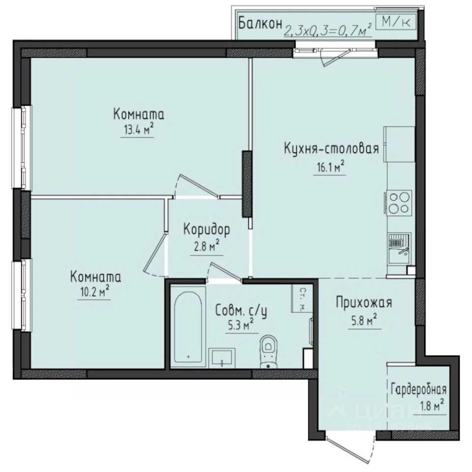 2-комн.кв., 55,8 м², 3/10 этаж