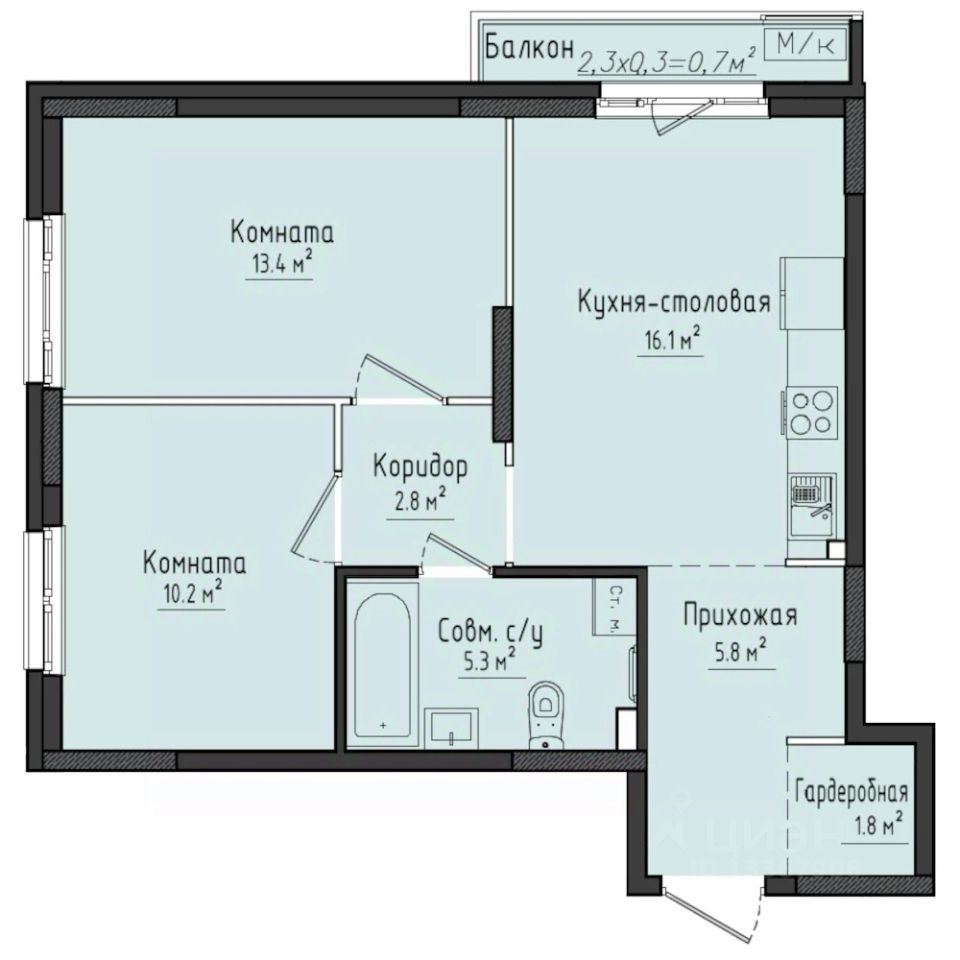 2-комн.кв., 55,4 м², 6/10 этаж