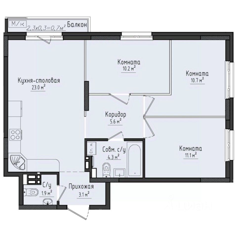 3-комн.кв., 70,6 м², 5/10 этаж