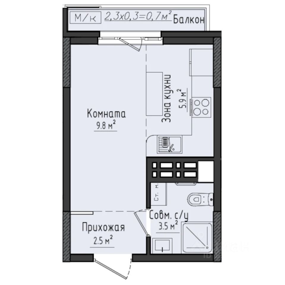 Студия, 23,3 м², 2/10 этаж