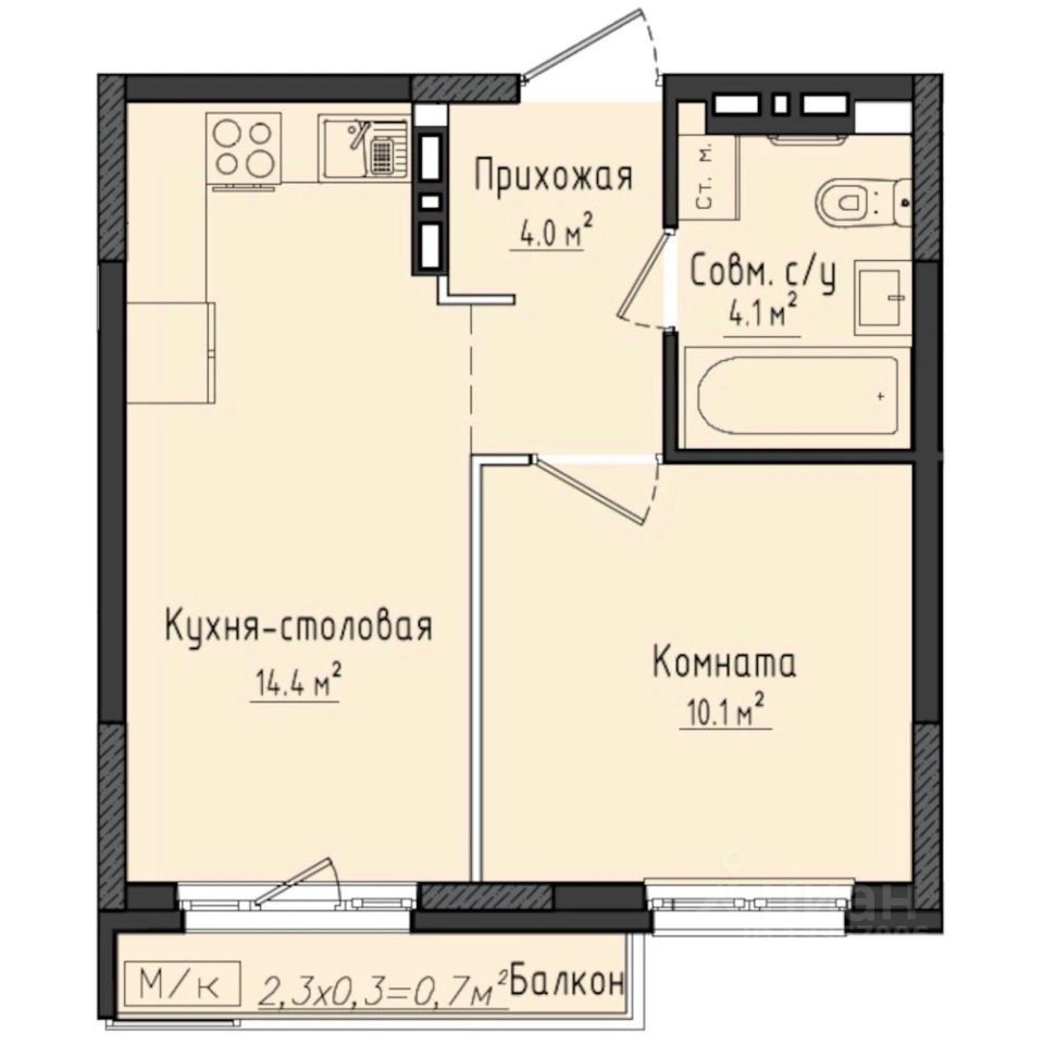 1-комн.кв., 33,3 м², 6/10 этаж