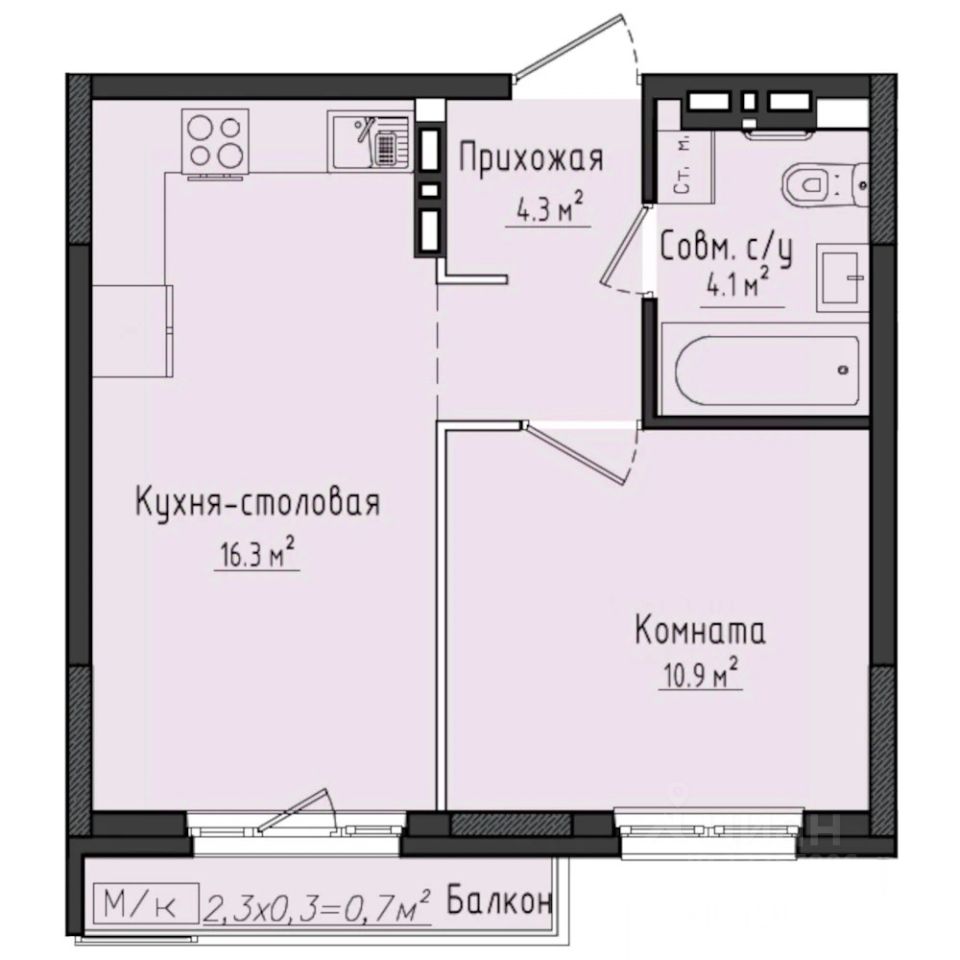 1-комн.кв., 36,6 м², 2/10 этаж