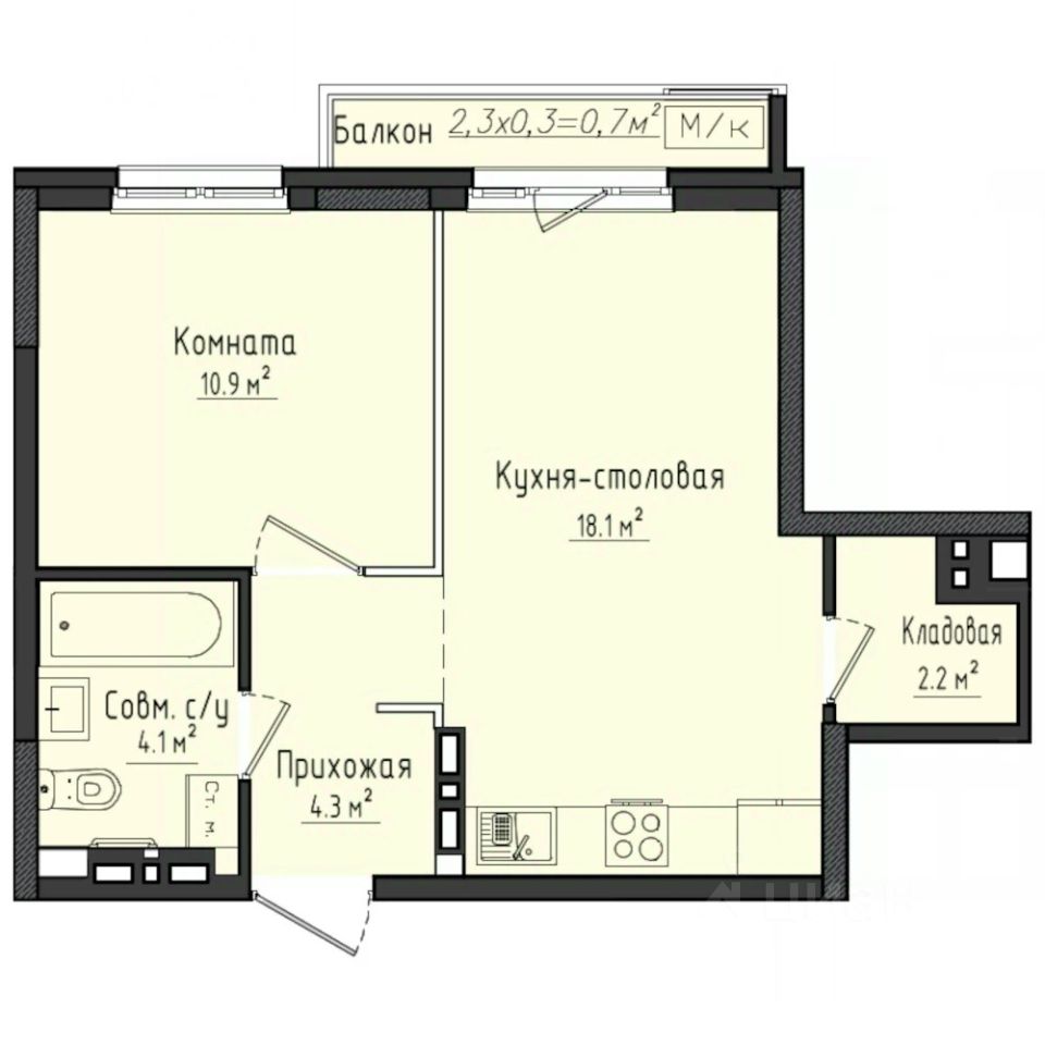 1-комн.кв., 40,3 м², 7/10 этаж