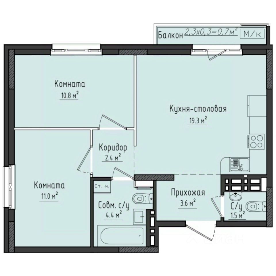 2-комн.кв., 54,1 м², 3/10 этаж