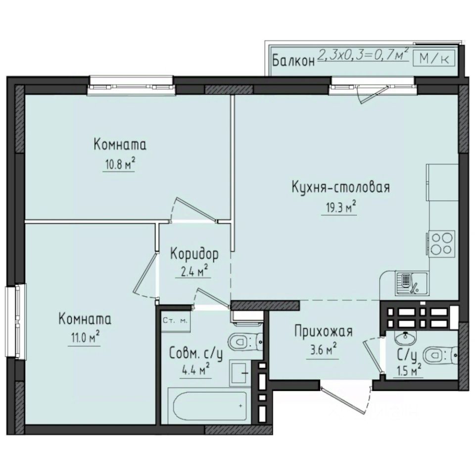 2-комн.кв., 53,8 м², 6/10 этаж