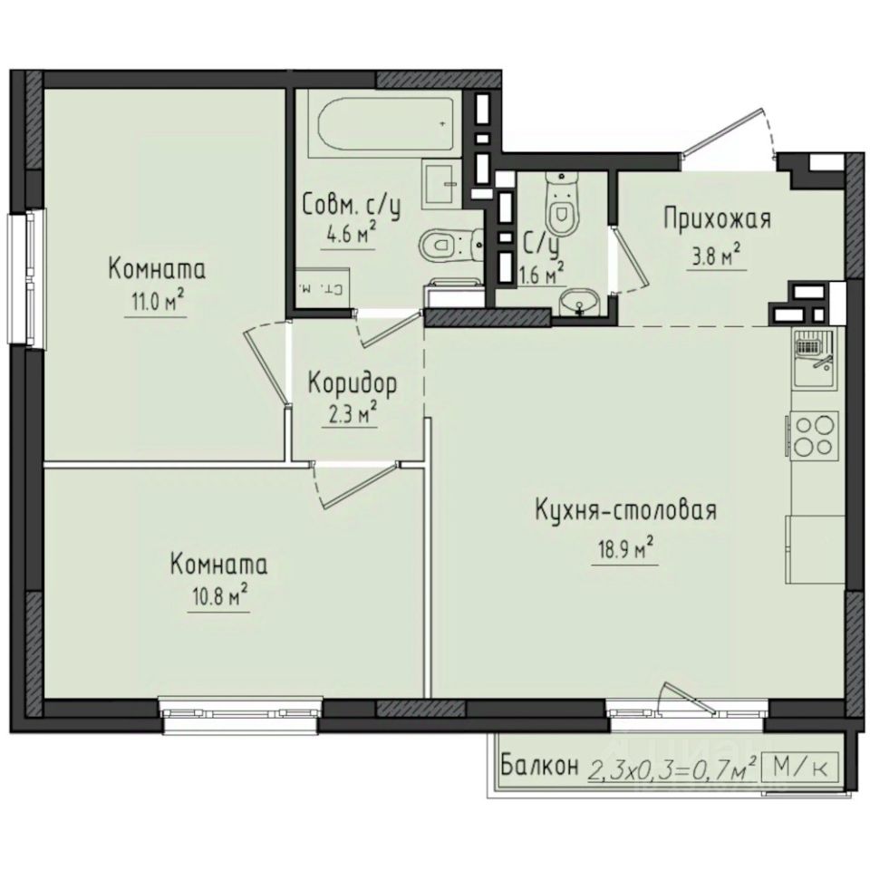 2-комн.кв., 53,7 м², 8/10 этаж