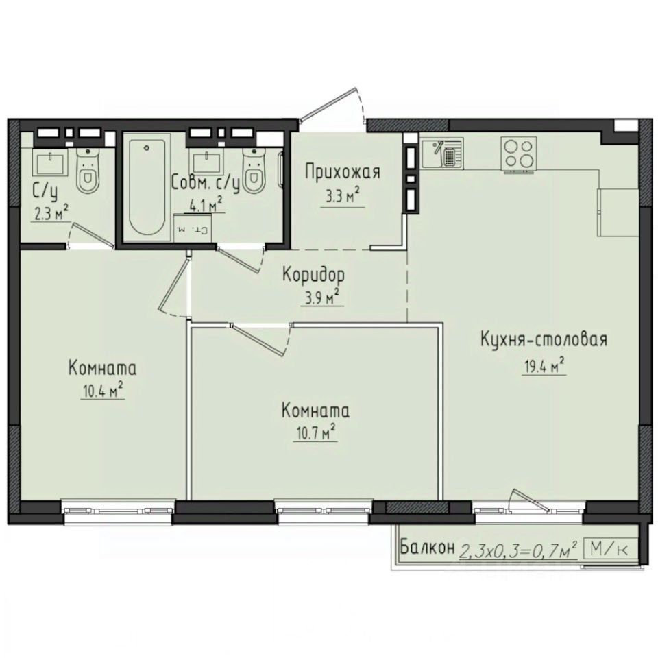 2-комн.кв., 55,1 м², 3/10 этаж