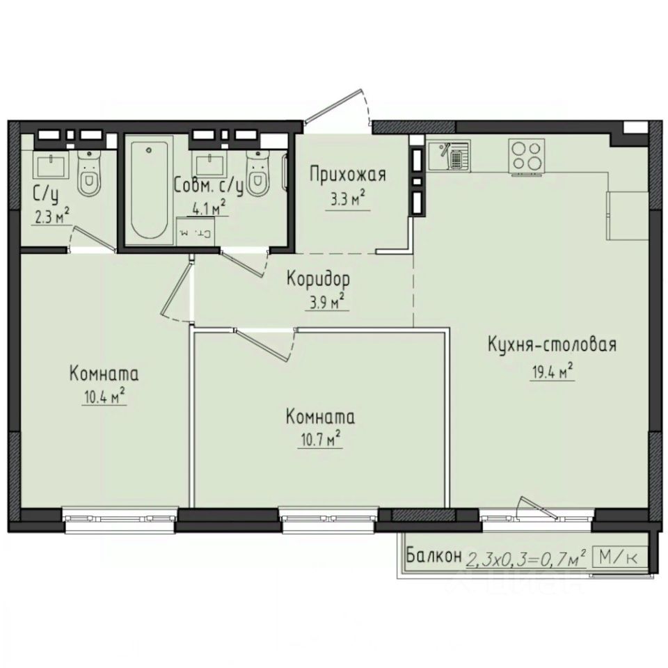 2-комн.кв., 55,1 м², 4/10 этаж