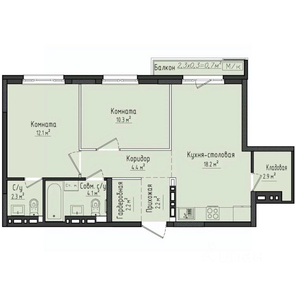 2-комн.кв., 59,9 м², 3/10 этаж