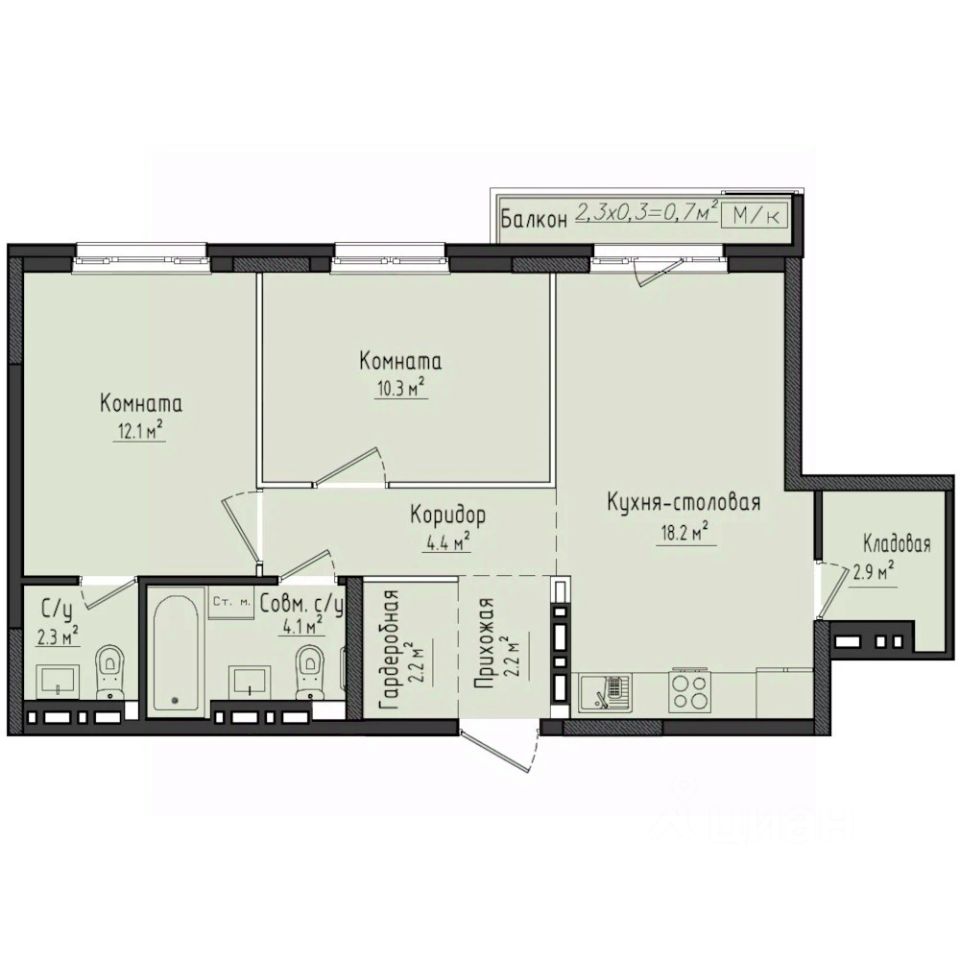 2-комн.кв., 59,7 м², 9/10 этаж