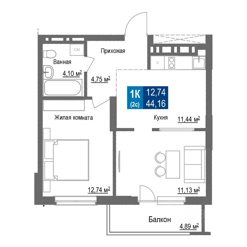 1-комн.кв., 44,2 м², 9/25 этаж