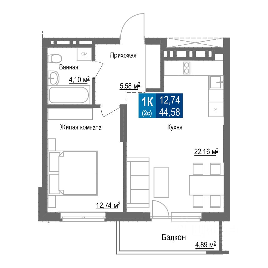 1-комн.кв., 44,6 м², 22/25 этаж