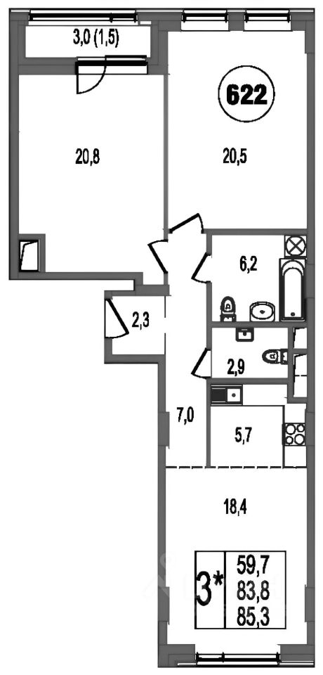 Планировка этой квартиры по данным Циан
