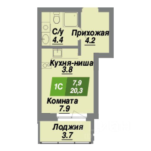 Студия, 20,3 м², 1/23 этаж