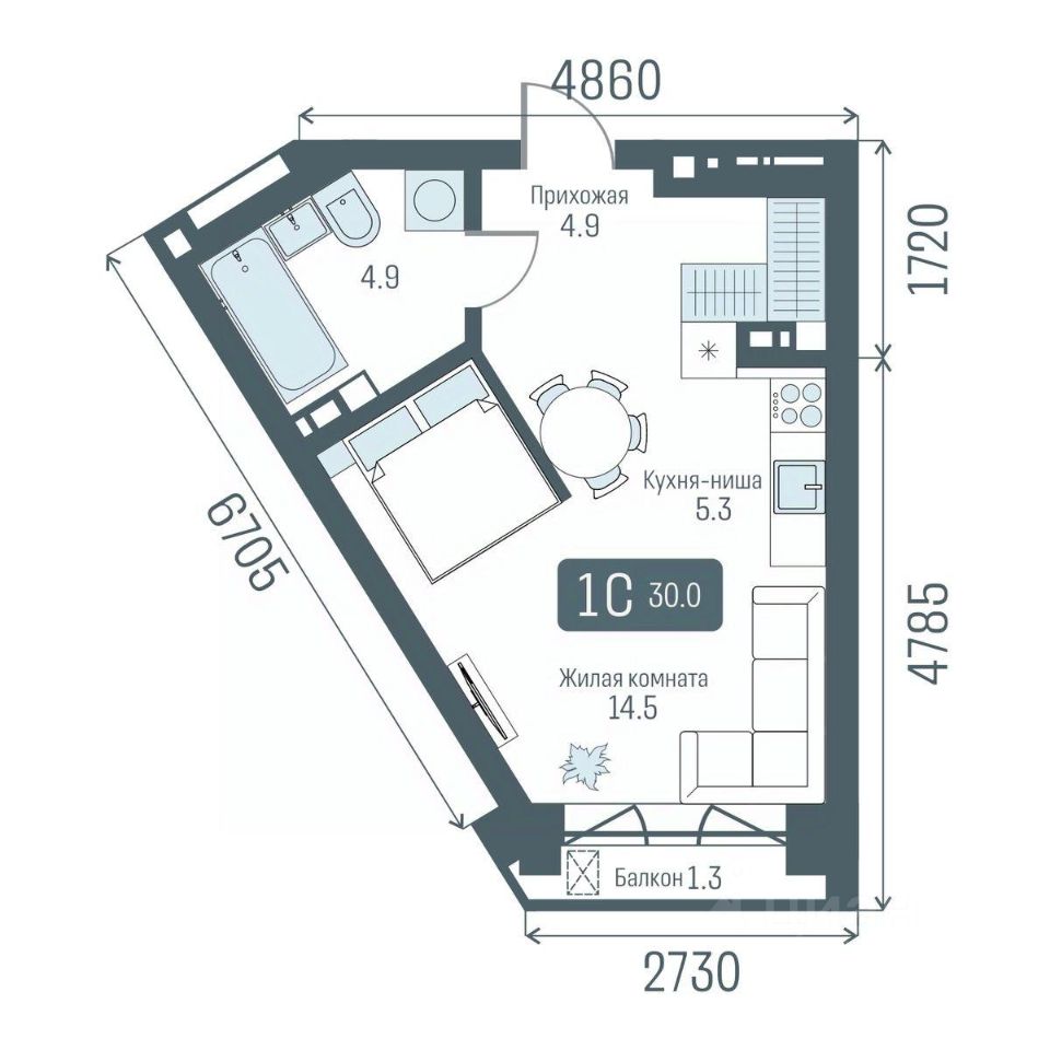 1-комн. квартира, 30 м² 2