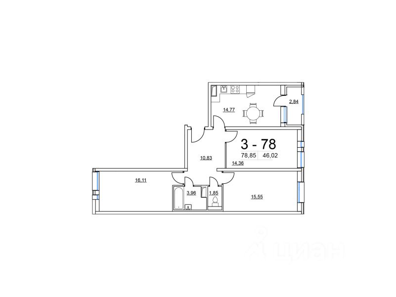 Планировка этой квартиры по данным Циан