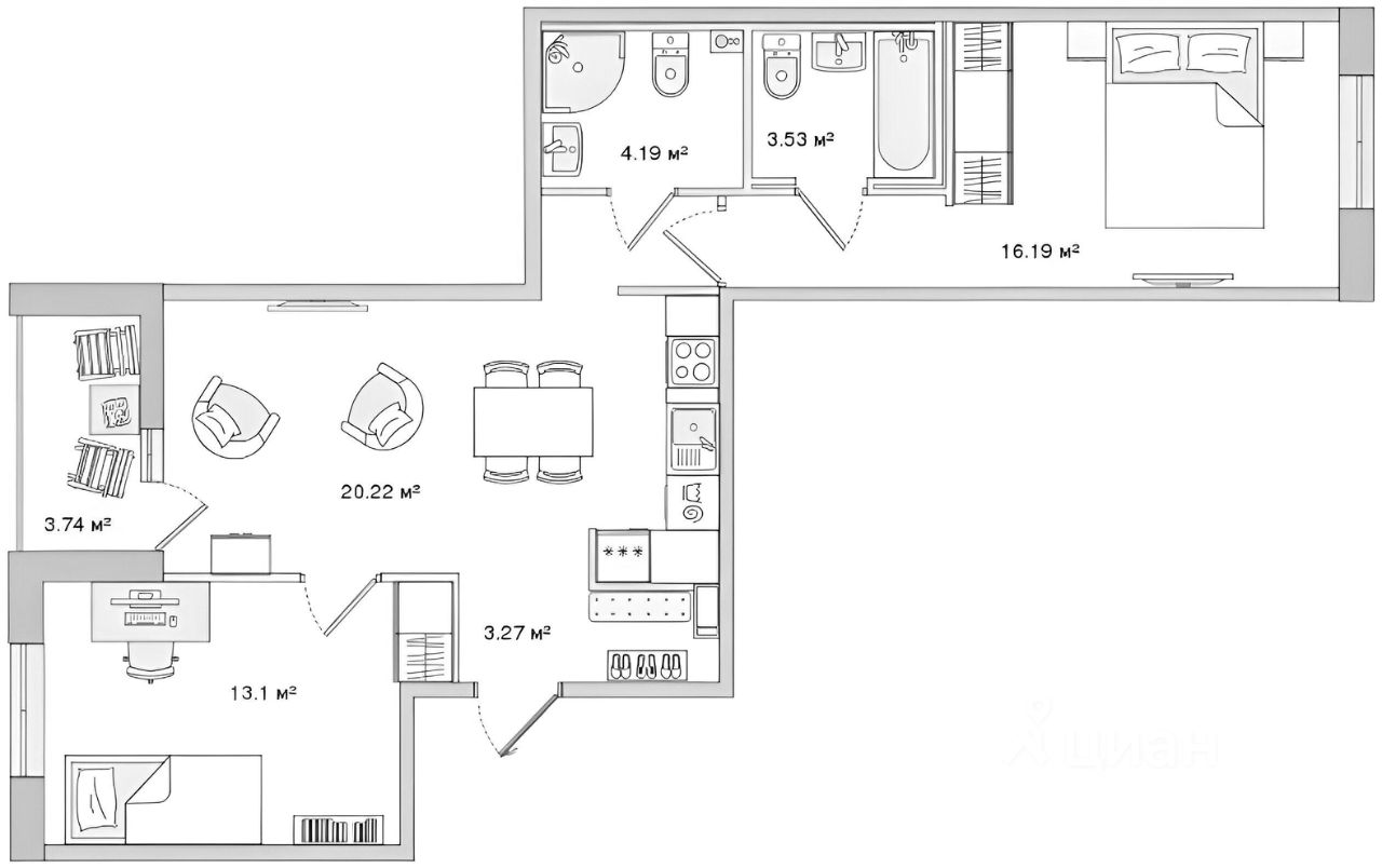 Планировка этой квартиры по данным Циан