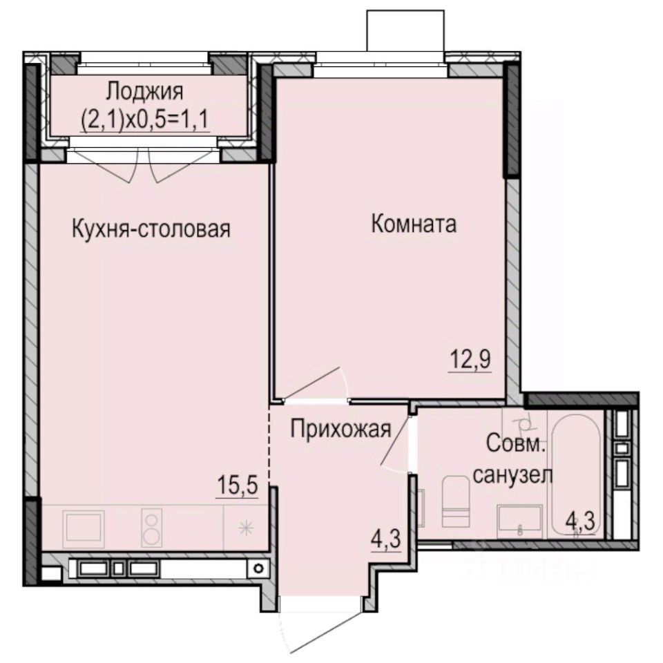 1-комн.кв., 38,1 м², 12/16 этаж
