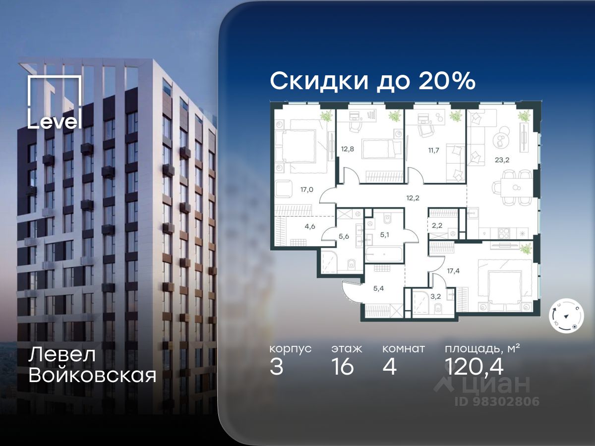 4-комн.кв., 120,4 м², 16/20 этаж
