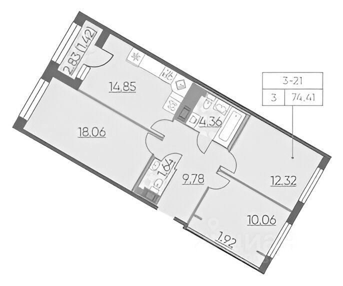 Планировка этой квартиры по данным Циан
