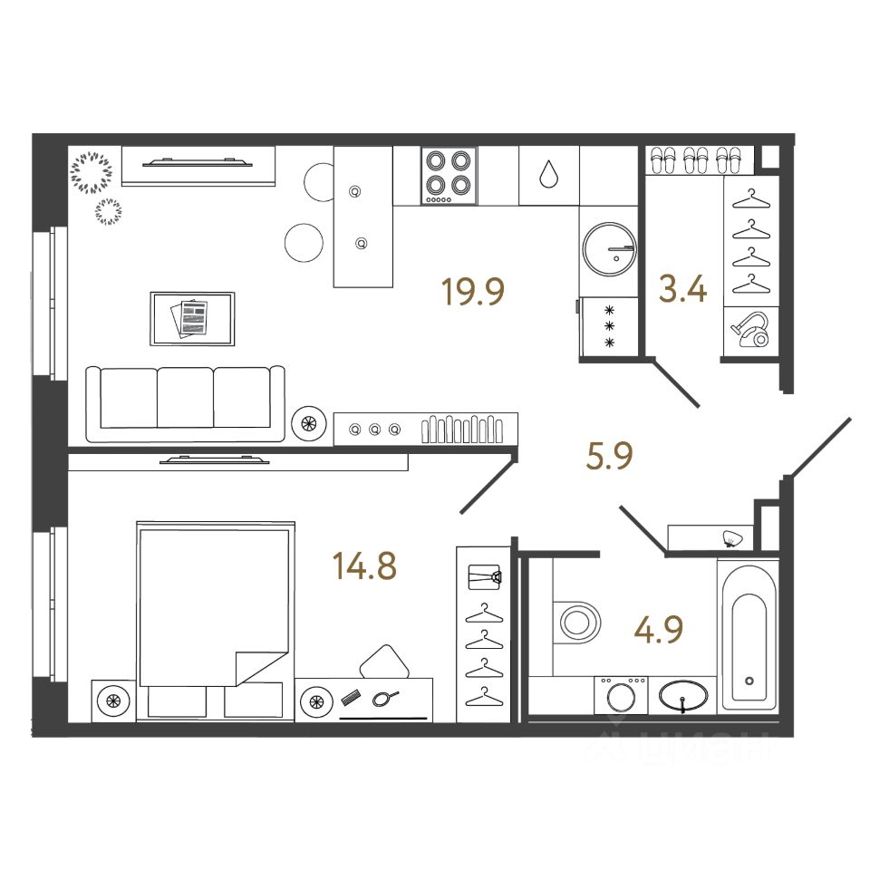 1-комн.кв., 48,9 м², 1/4 этаж
