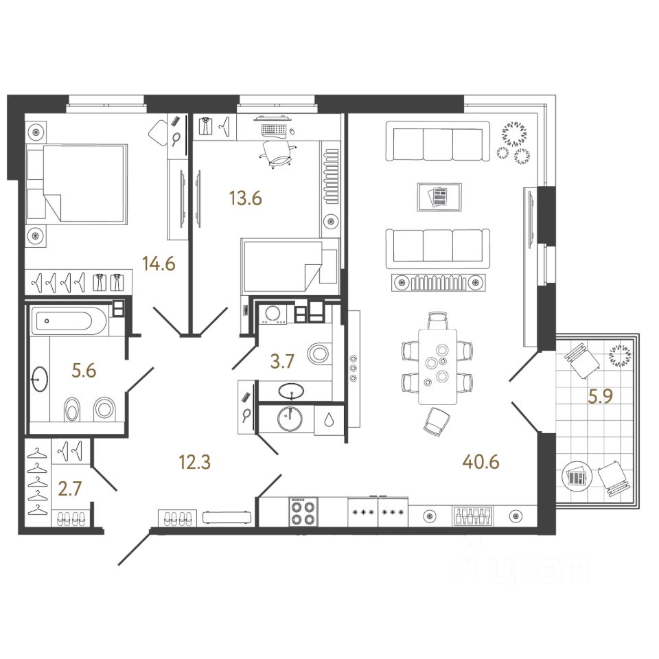 2-комн.кв., 93,1 м², 3/4 этаж
