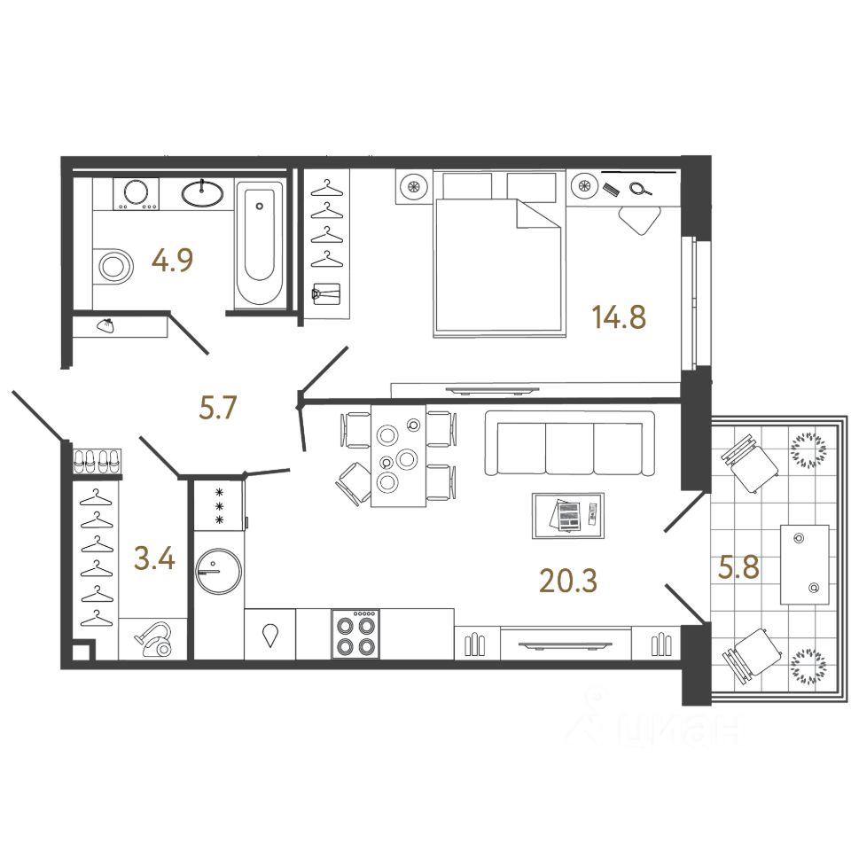 1-комн.кв., 49,1 м², 2/4 этаж