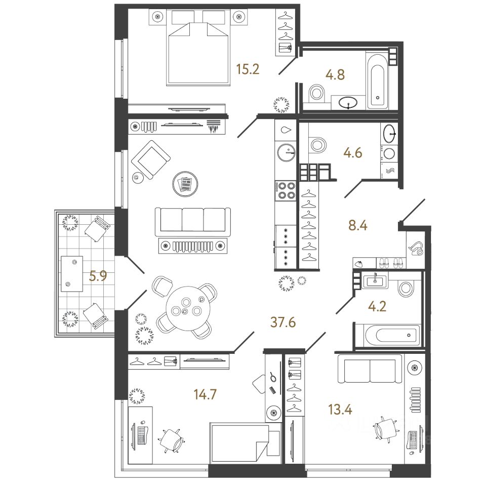 3-комн.кв., 102,9 м², 4/4 этаж