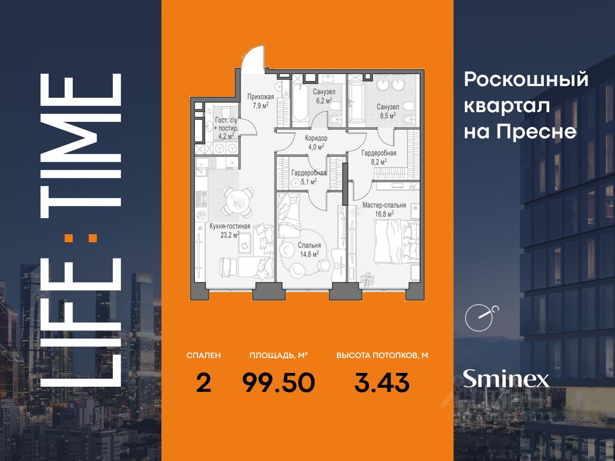 2-комн.кв., 100 м², 5/22 этаж