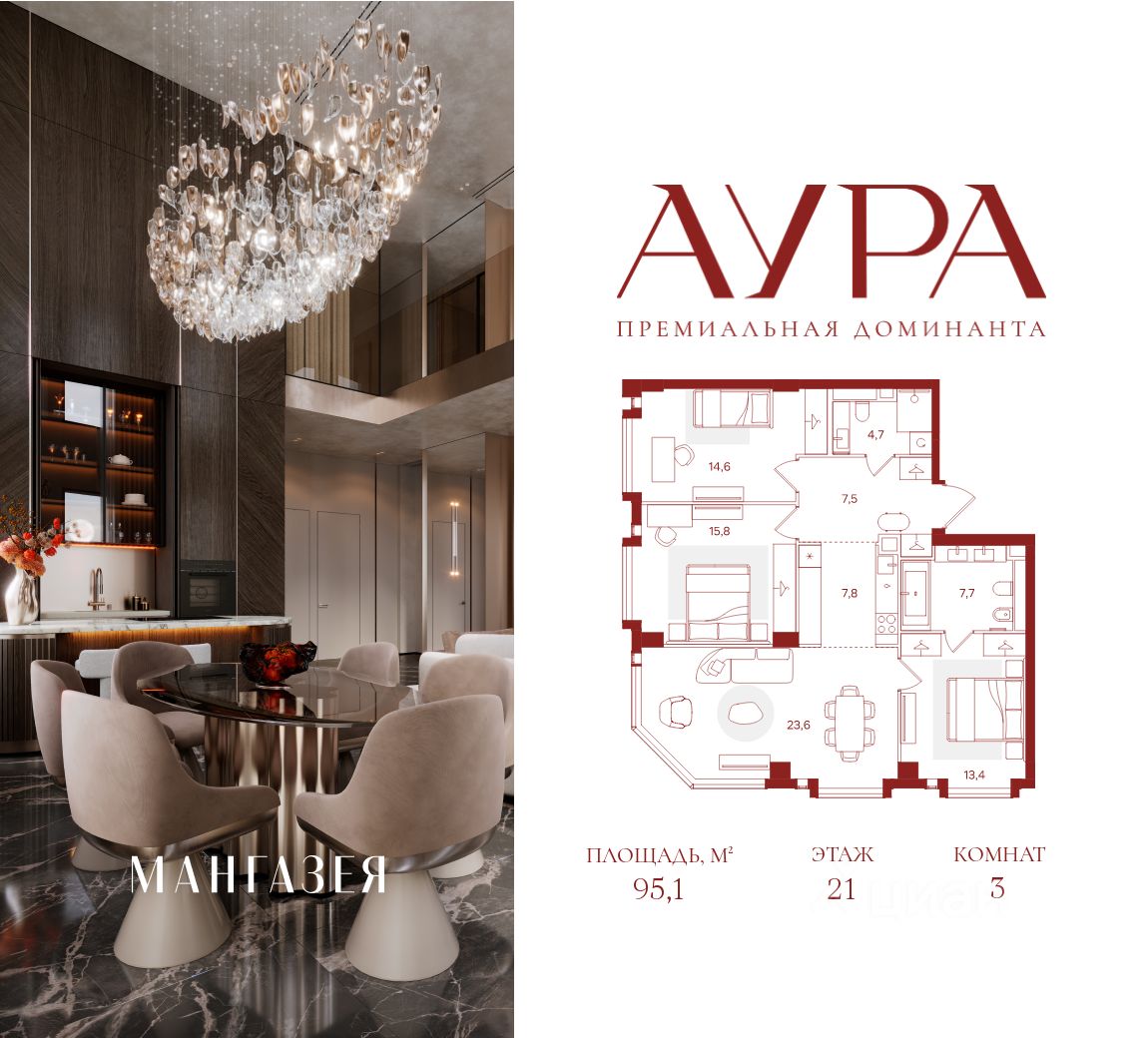 3-комн.кв., 95,1 м², 21/41 этаж