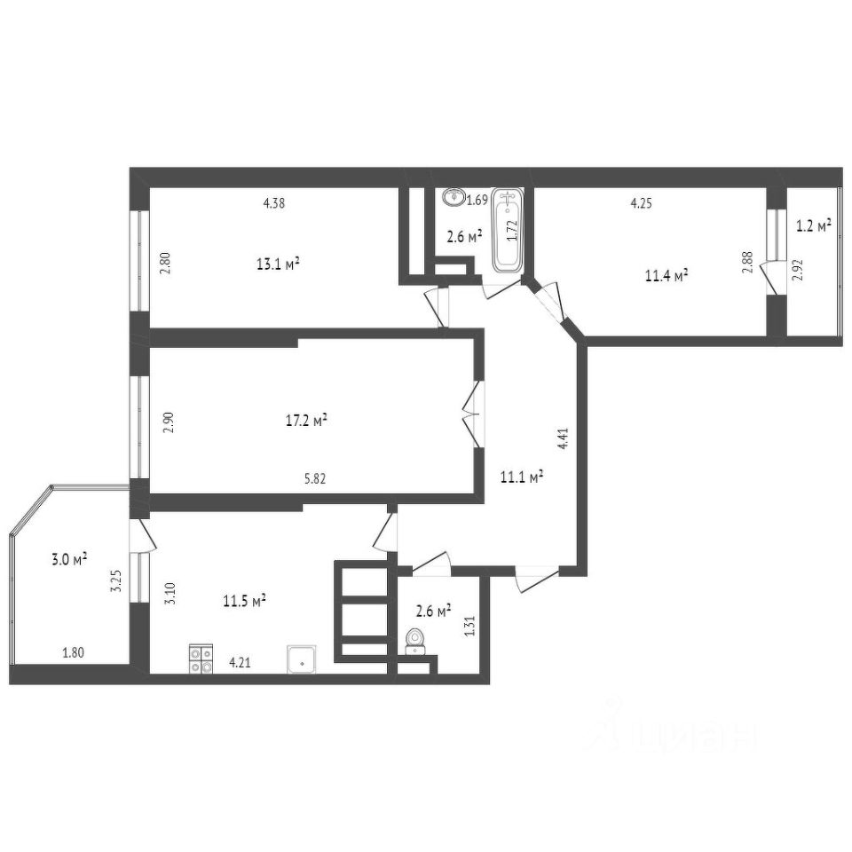 Планировка этой квартиры по данным Циан