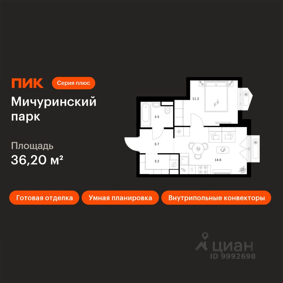 1-комн.кв., 36,2 м², 28/32 этаж