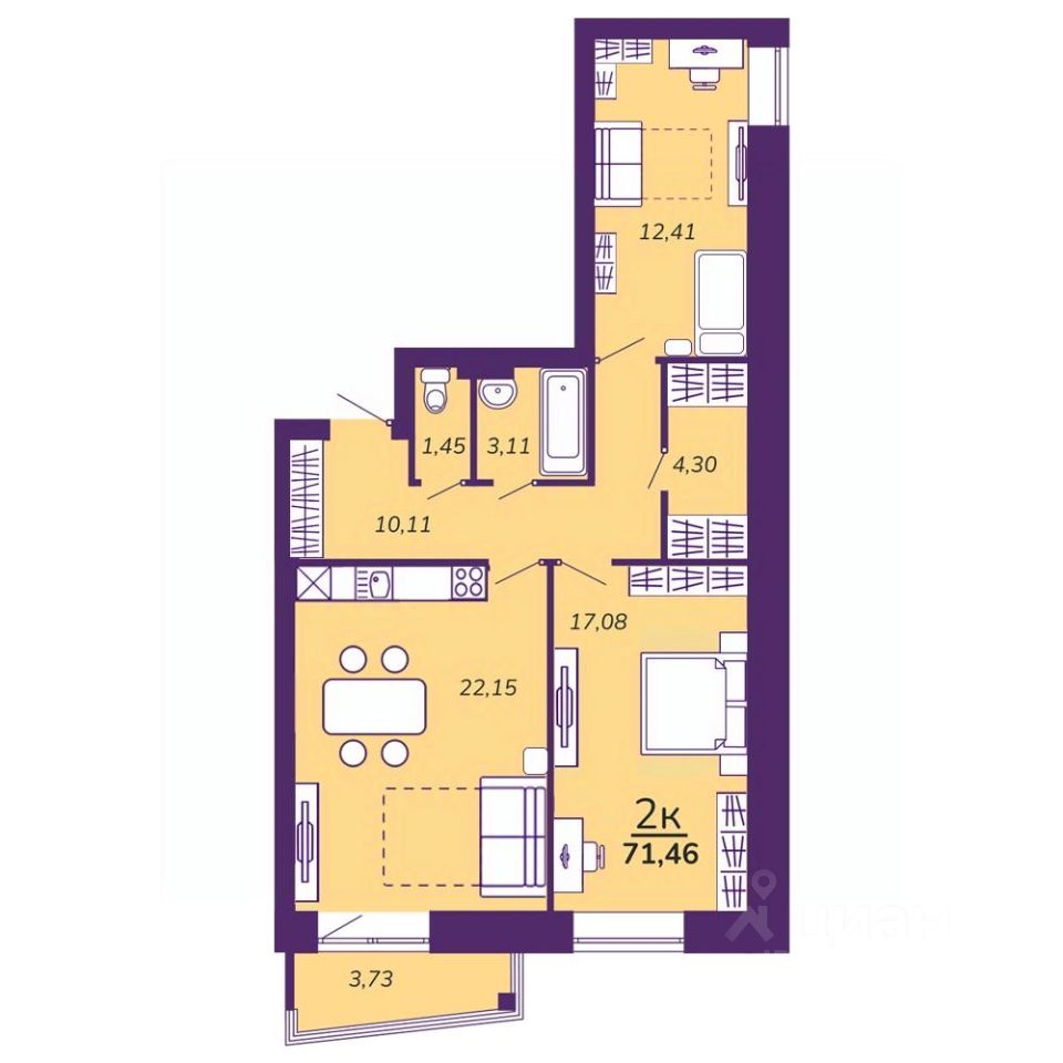2-комн.кв., 71,5 м², 1/9 этаж