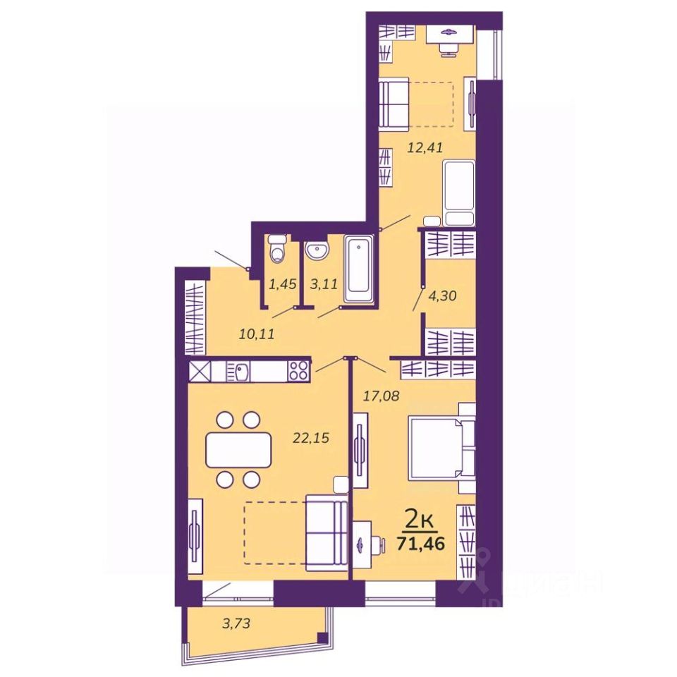 2-комн.кв., 71,5 м², 4/9 этаж