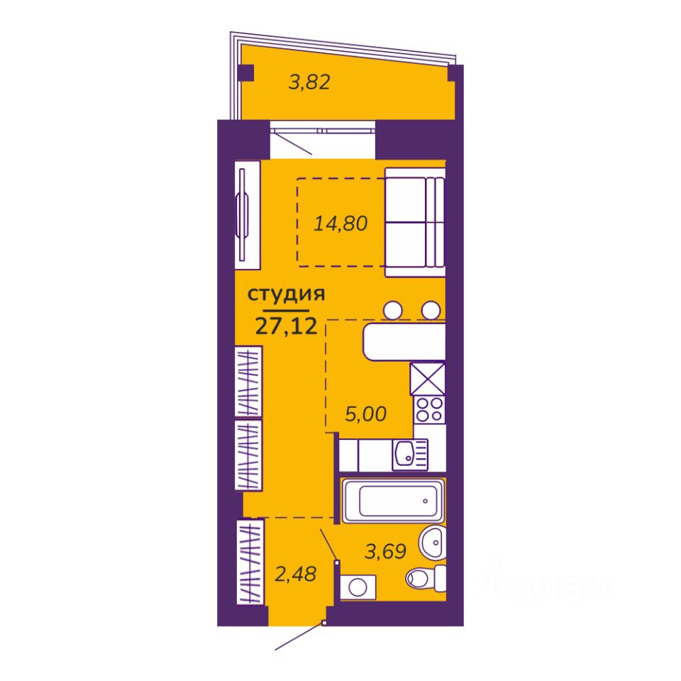 Студия, 27,1 м², 8/9 этаж