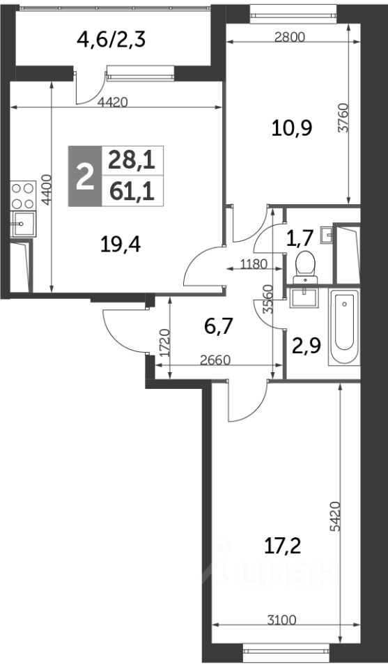 Планировка этой квартиры по данным Циан