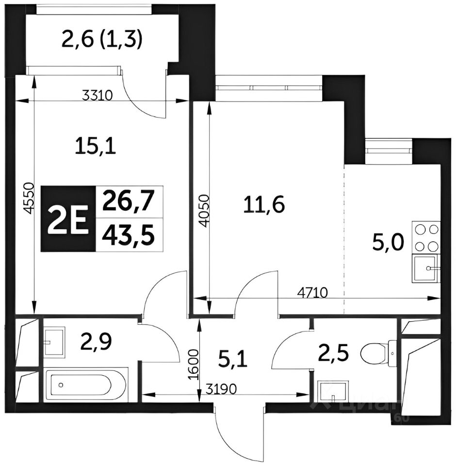 Планировка этой квартиры по данным Циан