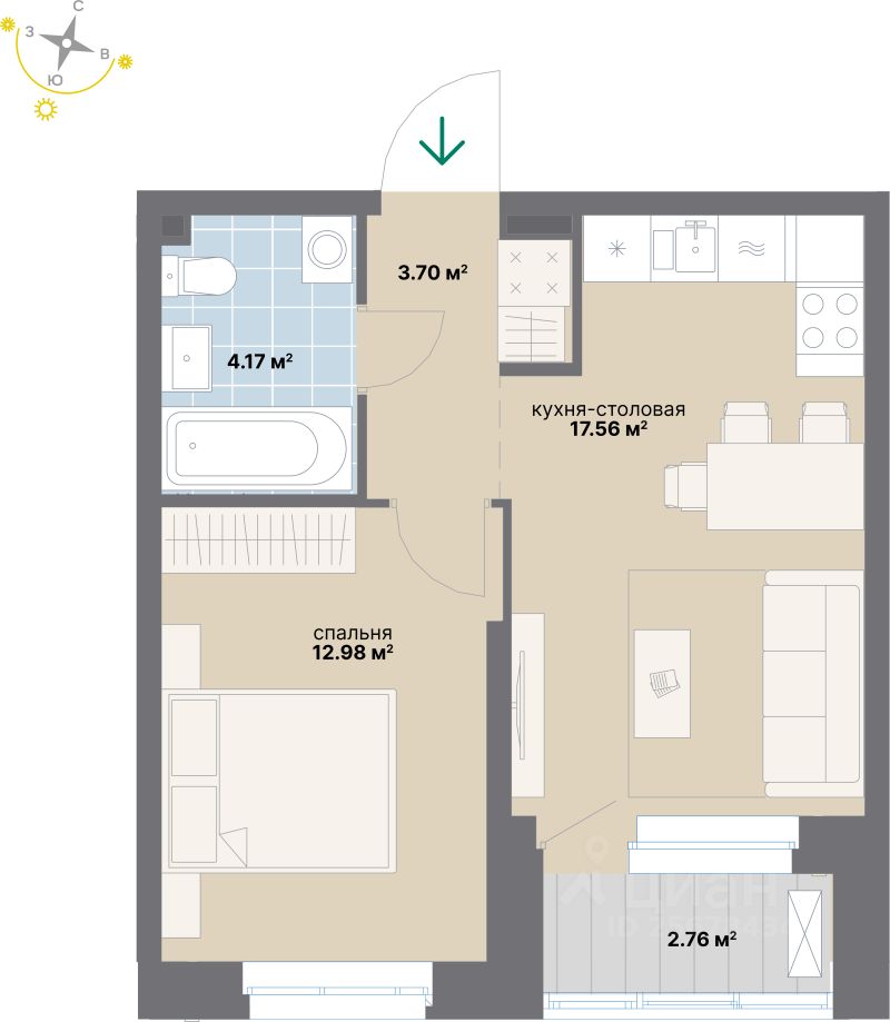 1-комн.кв., 41,2 м², 2/24 этаж