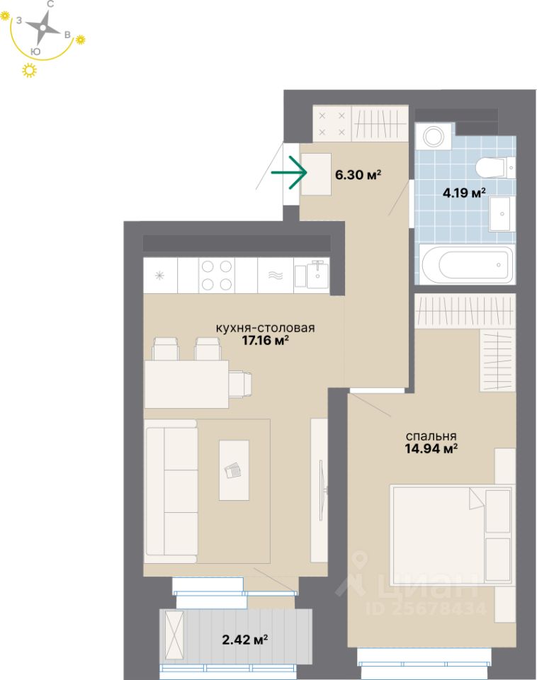 1-комн.кв., 45 м², 15/24 этаж