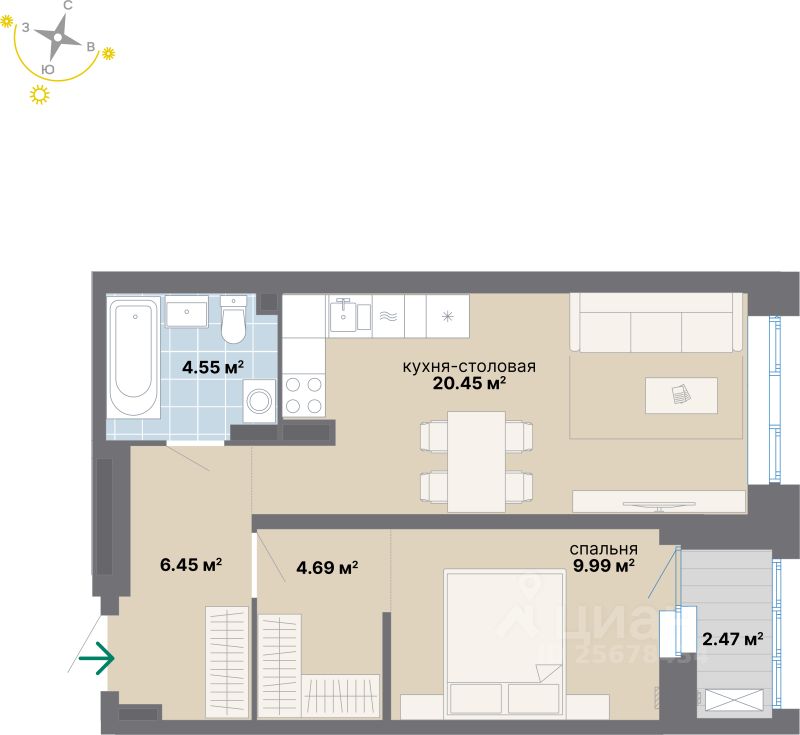1-комн.кв., 48,6 м², 2/24 этаж
