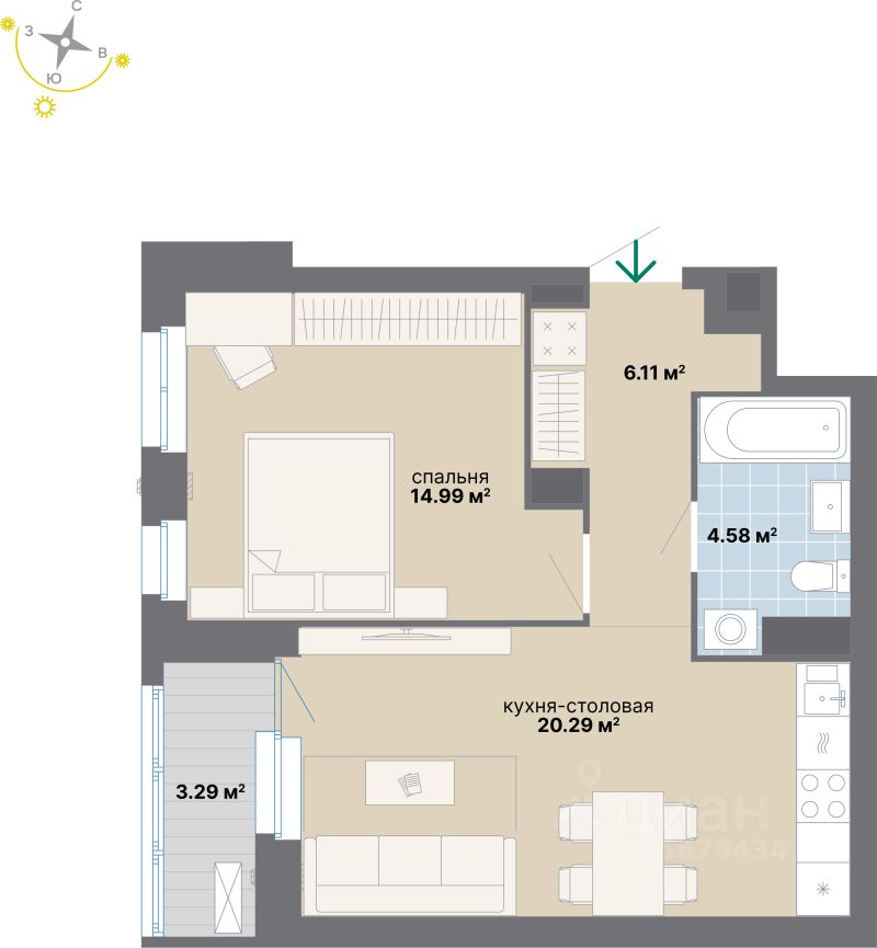 1-комн.кв., 49,3 м², 3/24 этаж