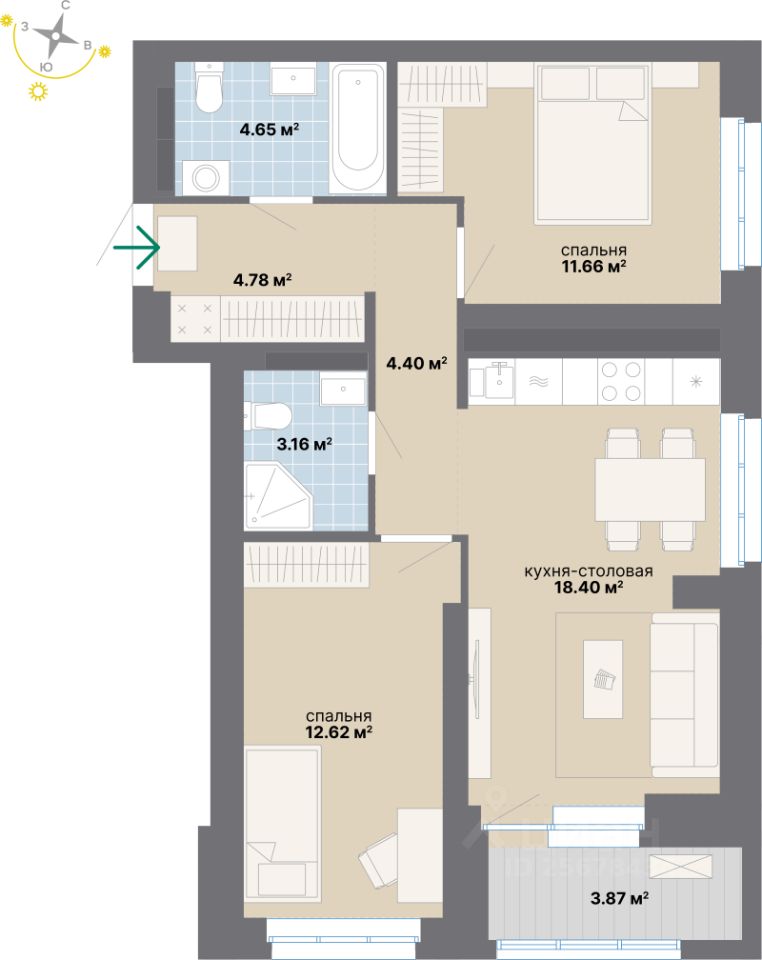 2-комн.кв., 63,5 м², 8/24 этаж