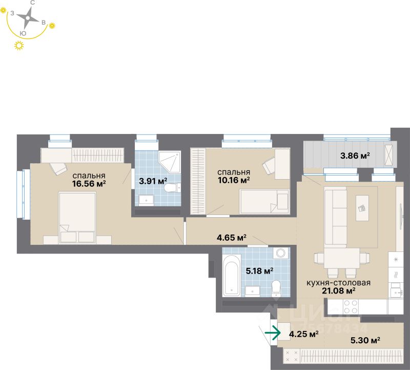 2-комн.кв., 75 м², 8/24 этаж