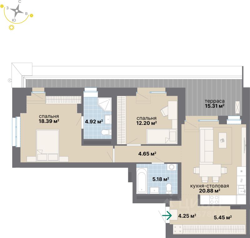 2-комн.кв., 91,2 м², 3/24 этаж