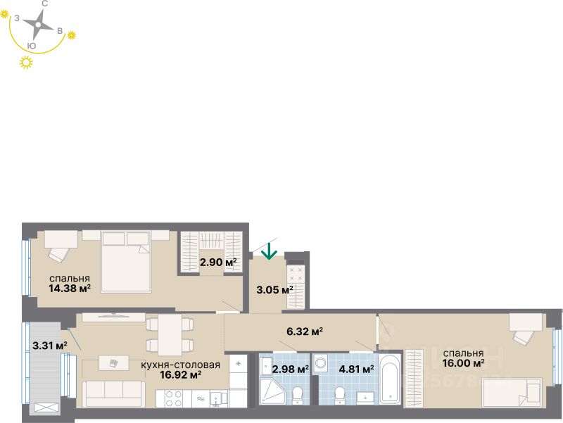 2-комн.кв., 70,7 м², 3/24 этаж