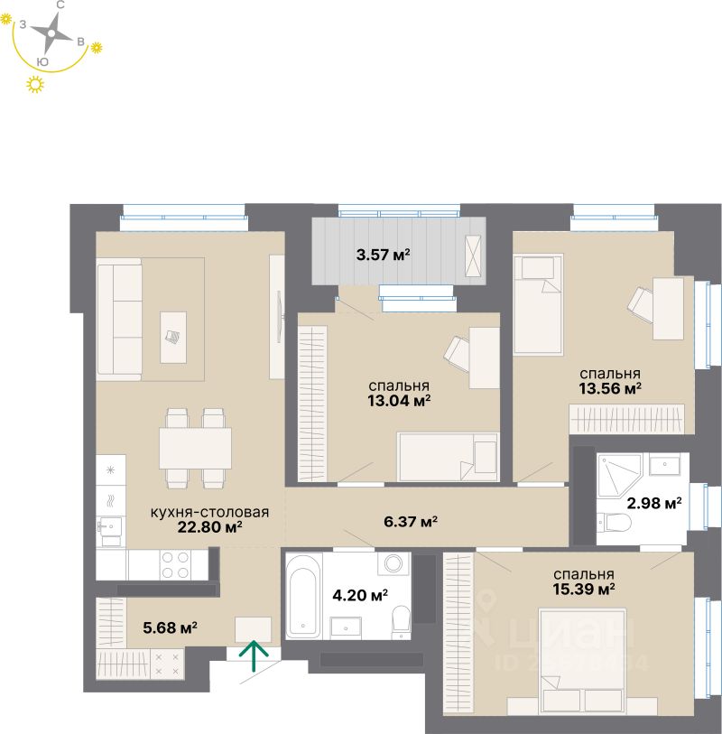 3-комн.кв., 87,6 м², 20/24 этаж