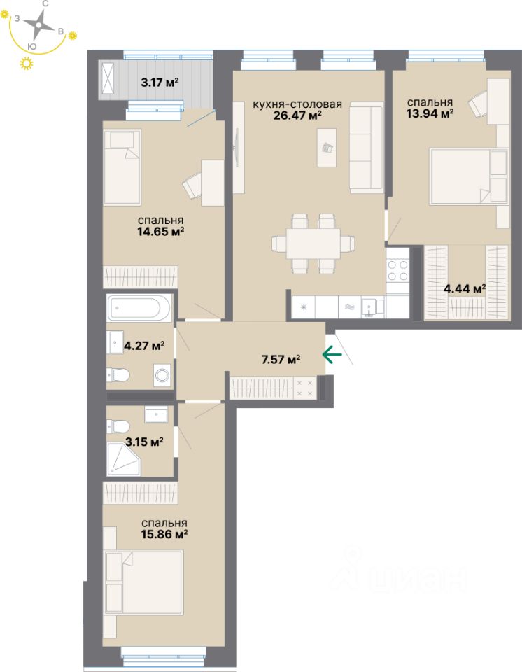 3-комн.кв., 93,5 м², 3/24 этаж