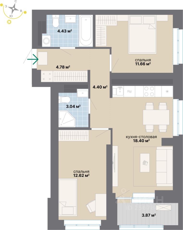 2-комн.кв., 63,2 м², 14/24 этаж