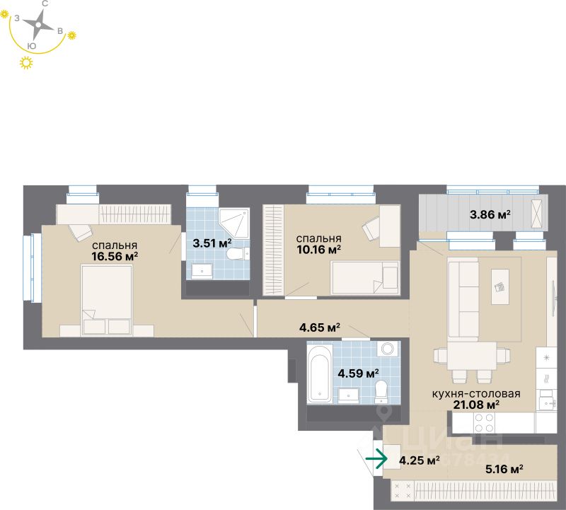 2-комн.кв., 73,8 м², 14/24 этаж