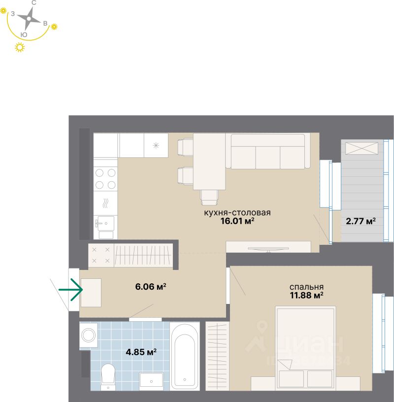 1-комн.кв., 41,6 м², 2/24 этаж